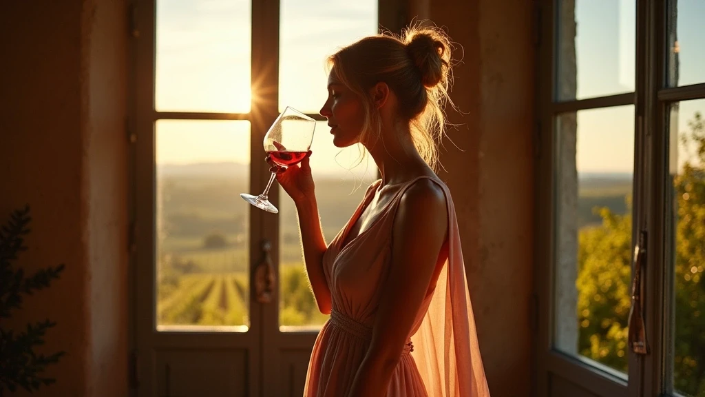 Elegante Frau verkostet Wein in einem Bordeaux-Château zur goldenen Stunde