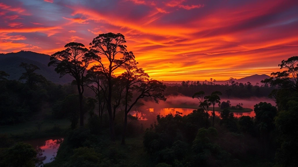 Sonnenuntergang ueber dem Danum Valley im Borneo-Regenwald mit Urwaldsee und Baum-Silhouetten