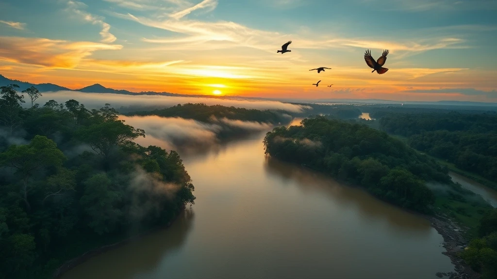 Panorama des Kinabatangan-Flusses im Borneo-Regenwald bei Sonnenaufgang mit Nebel und Wildtieren
