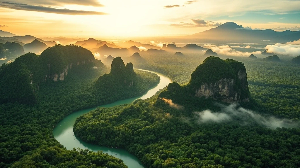 Luftaufnahme des Borneo-Regenwalds mit Urwald, Flüssen und Karstformationen zur goldenen Stunde in Malaysia