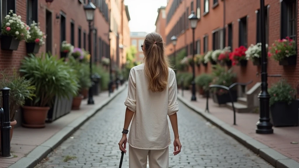 Stylisher Reisender erkundet das historische Acorn Street in Beacon Hill, Boston