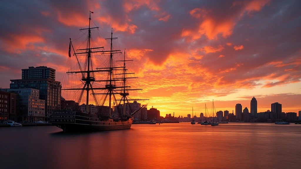 Sonnenuntergang ueber dem Boston Harbor mit historischen Schiffen und Skyline