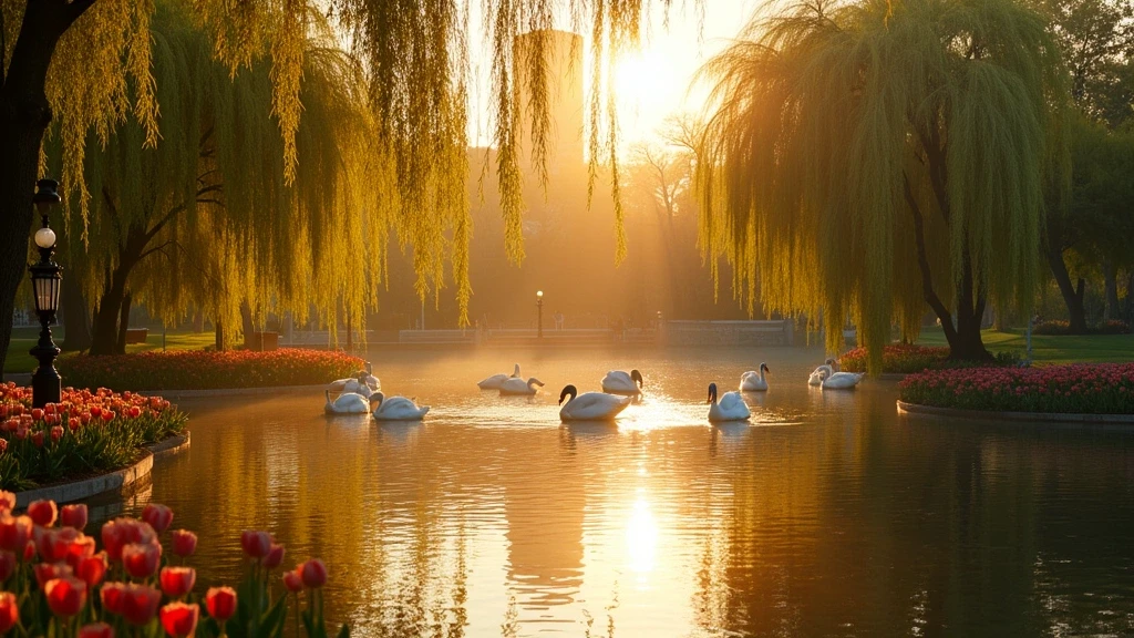 Goldene Stunde im Boston Public Garden mit Weidenbaeumen und Schwanenbooten
