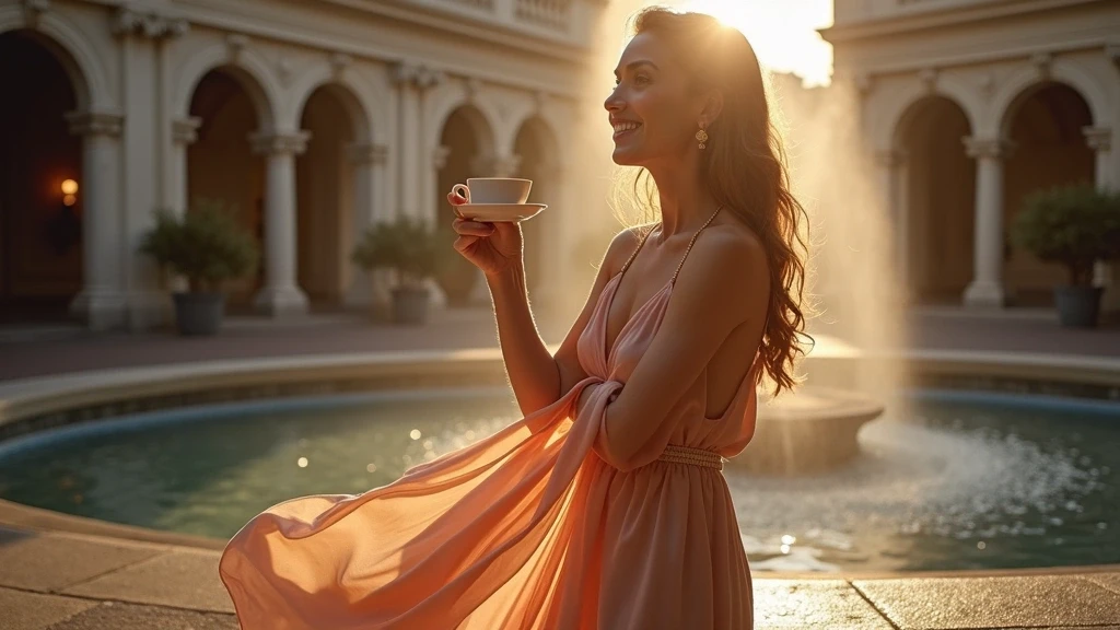 Elegante Frau geniesst Tee im Innenhof der Boston Public Library zur goldenen Stunde