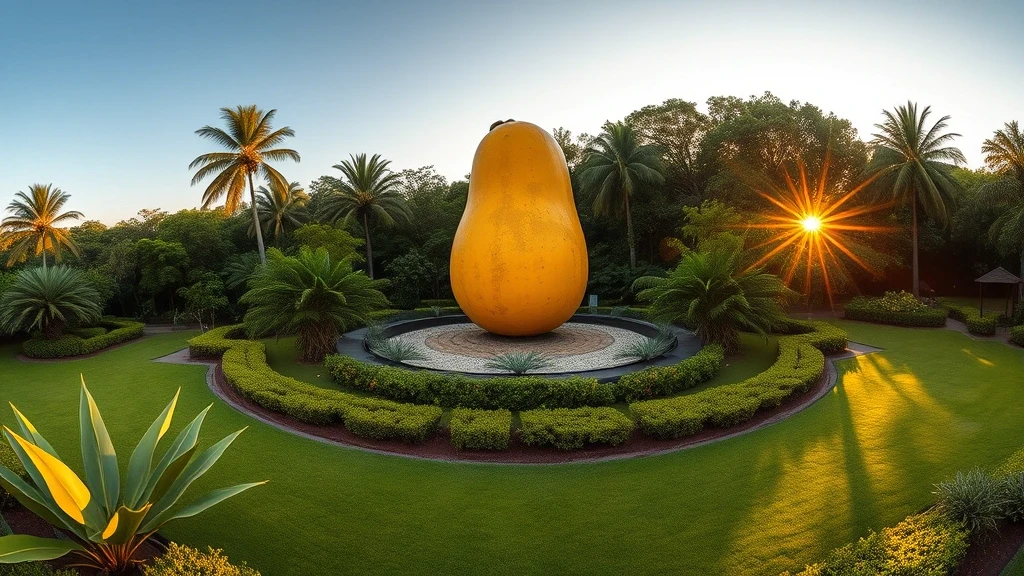 Goldene Stunde am Big Mango Monument in Bowen, Australien mit tropischen Gaerten