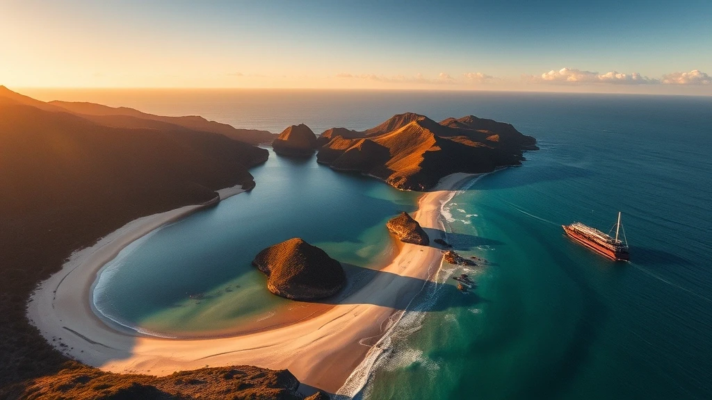 Luftaufnahme der einzigartigen Horseshoe Bay Kueste in Bowen, Australien zur goldenen Stunde