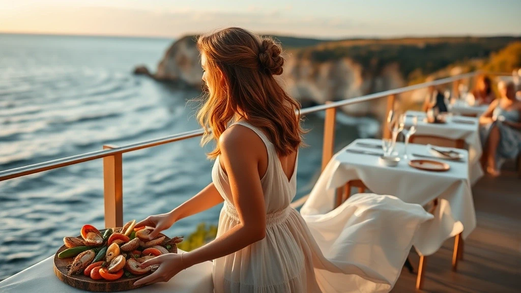 Elegante Frau geniesst Meeresfruechte auf Klippenterrasse in Bowen, Australien