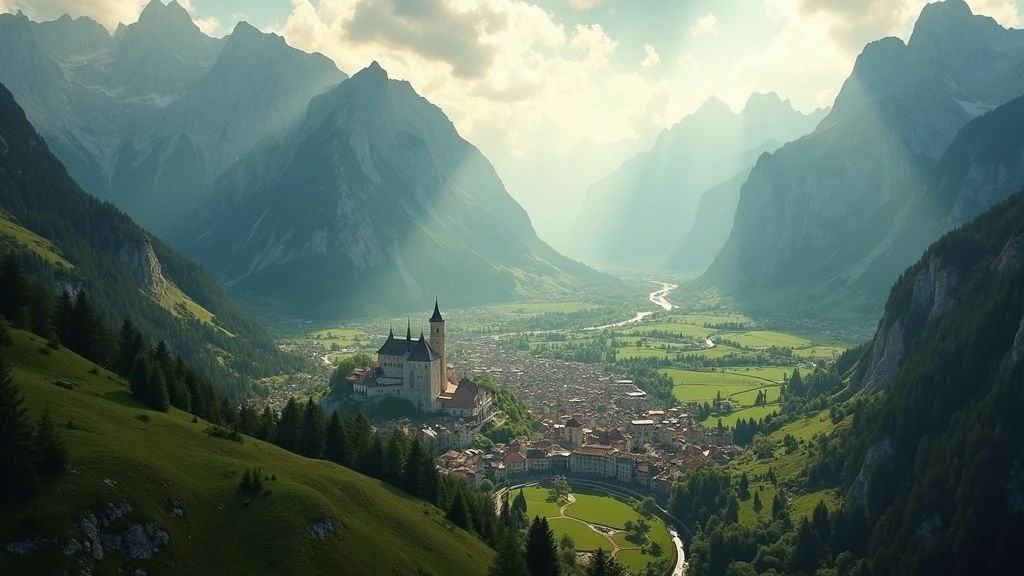 Luftaufnahme von Bozen mit Dolomiten-Gipfeln und mittelalterlichen Schlössern zur goldenen Stunde