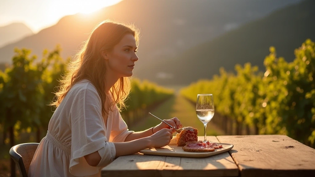 Elegante Frau geniesst Suedtiroler Speckplatte im Weinberg mit Dolomiten-Blick