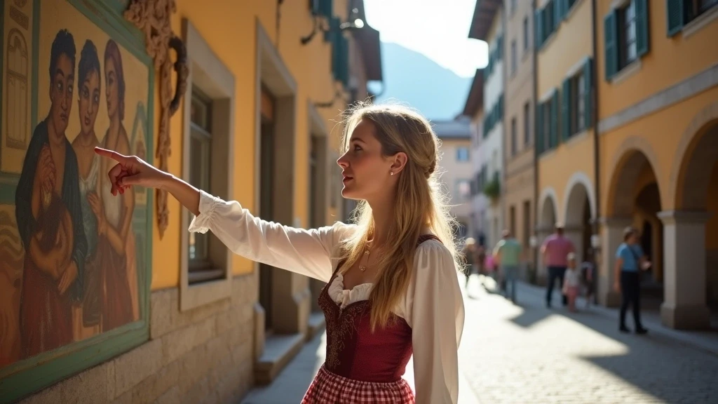 Lokale Fuehrerin zeigt Fresken am Waltherplatz in Bozens Altstadt