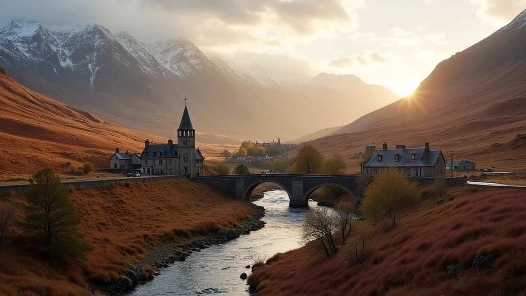 Luftaufnahme von Braemar in den Cairngorms mit Fluss Dee und historischen Bruecken zur goldenen Stunde