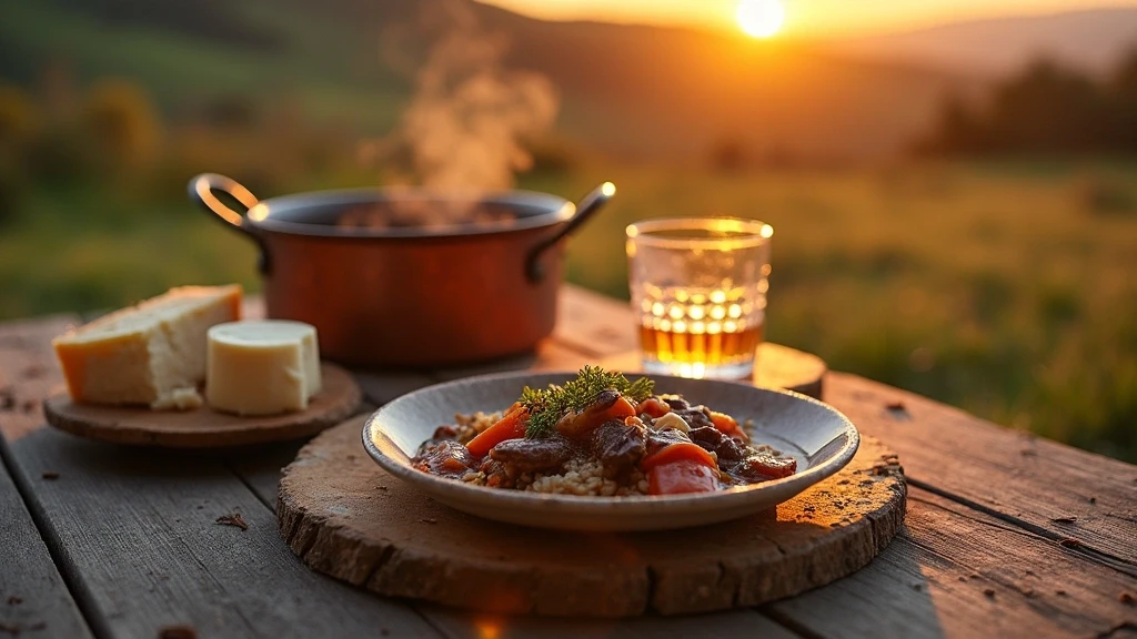 Traditionelle schottische Kueche in Braemar mit Wildragout und Whisky zur goldenen Stunde