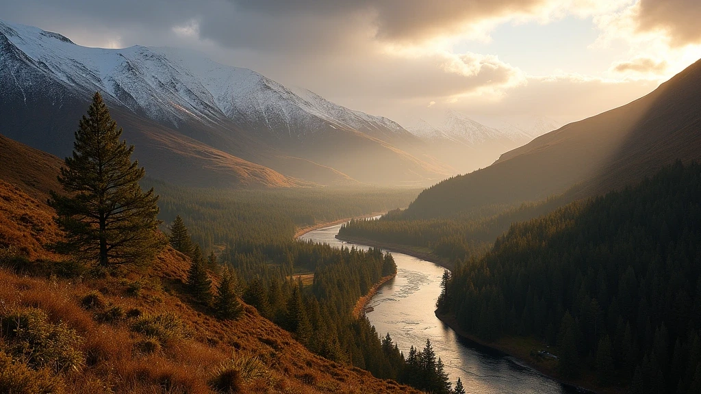 Panoramablick auf den River Dee im Glen Dee Tal bei Braemar mit alten Kiefernwaeldern