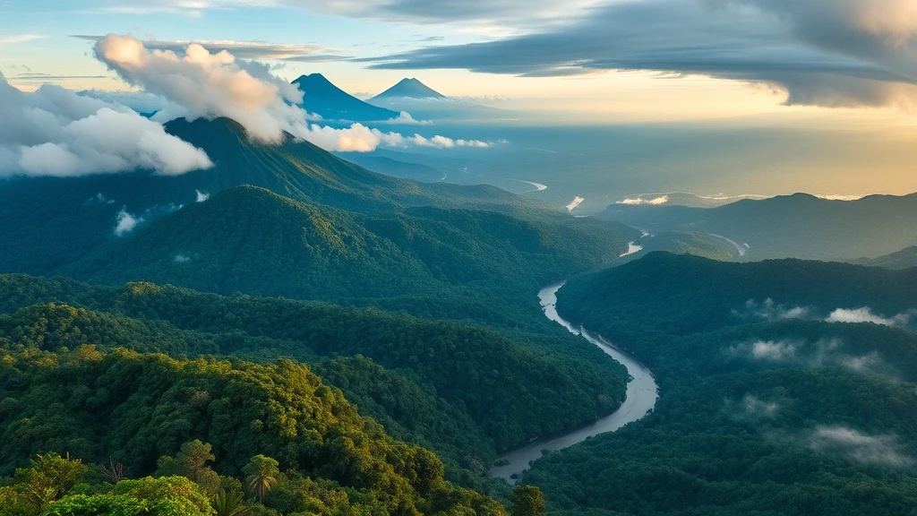 Dramatische Luftaufnahme des Nebelwaldes im Braulio Carrillo Nationalpark, Costa Rica zur goldenen Stunde