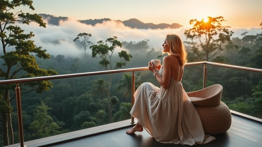 Elegante Frau geniesst Kaffee mit Blick auf den Nebelwald im Braulio Carrillo Nationalpark, Costa Rica