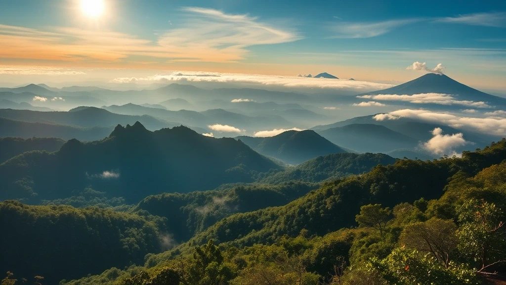 Panoramablick ueber den Nebelwald im Braulio Carrillo Nationalpark, Costa Rica bei Sonnenaufgang