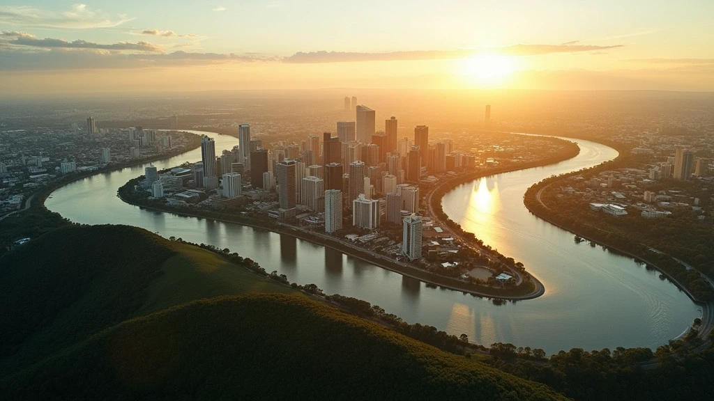 Luftaufnahme des Brisbane River und Skyline zur goldenen Stunde in Australien