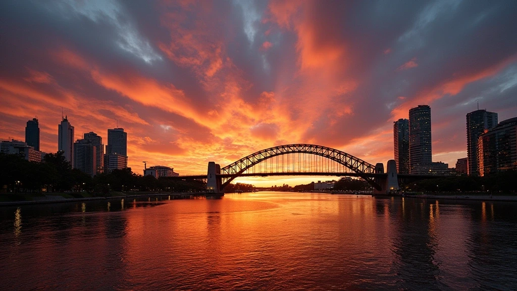Sonnenuntergang am Brisbane River mit Story Bridge in Brisbane, Australien