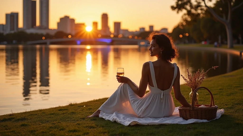 Elegante Frau bei Sonnenuntergangspicknick am South Bank in Brisbane, Australien