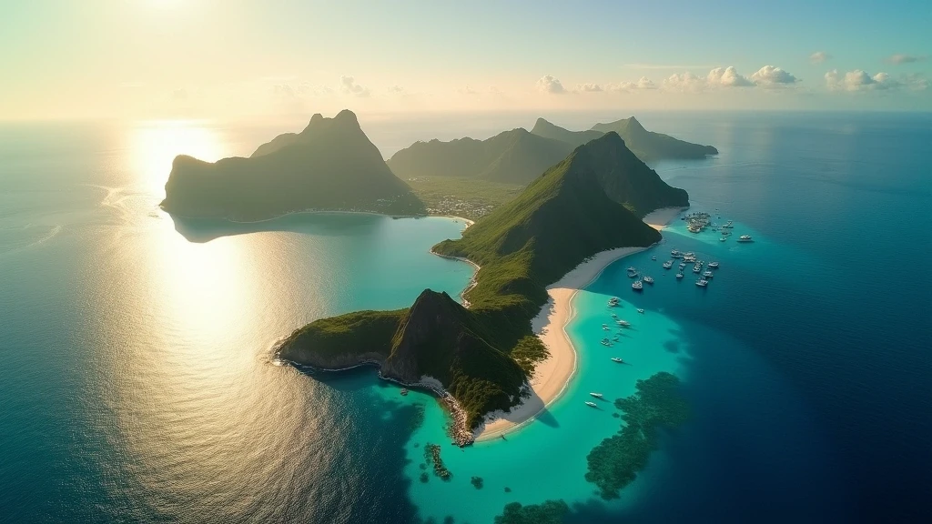 Luftaufnahme der Britischen Jungferninseln mit vulkanischen Felsen und tuerkisfarbenem Meer zur goldenen Stunde