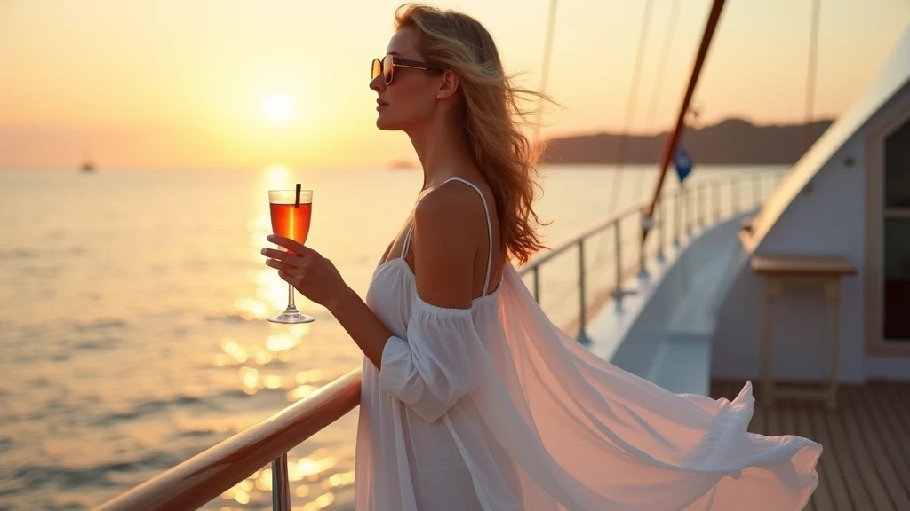 Elegante Frau auf Yachtdeck bei Sonnenuntergang auf den Britischen Jungferninseln