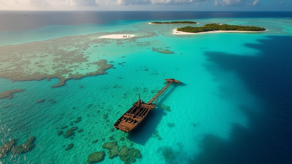 Luftaufnahme des Horseshoe Reefs bei Anegada mit Korallenriffen und Schiffswrack im tuerkisfarbenen Wasser