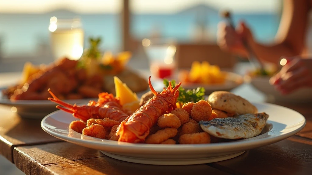 Traditionelle karibische Meeresfruechteplatte mit Hummer und Fisch auf Jost Van Dyke