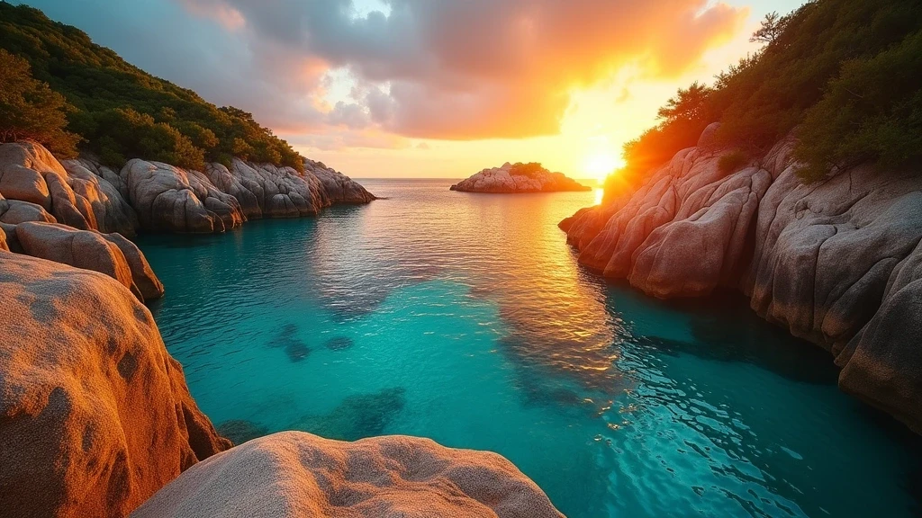 Sonnenuntergang ueber The Baths National Park auf Virgin Gorda mit Granitfelsen und tuerkisfarbenem Wasser