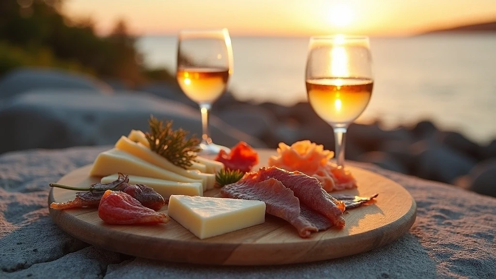 Artisanales Charcuterie-Brett mit lokalen Kaesen und Fisch im Bruce Peninsula Nationalpark zur goldenen Stunde