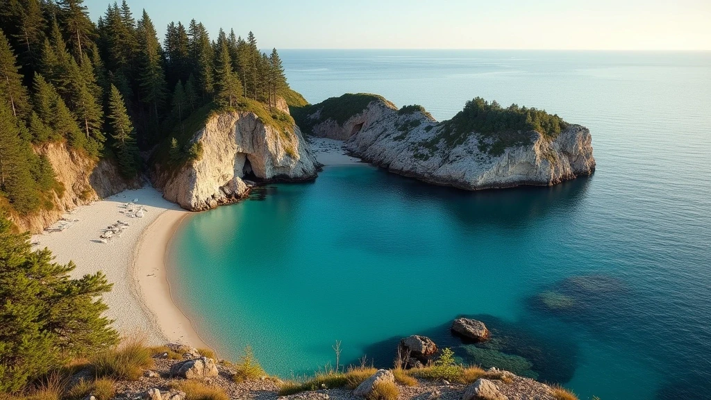 Panoramablick auf die felsige Kueste von Indian Head Cove im Bruce Peninsula Nationalpark mit tuerkisem Wasser