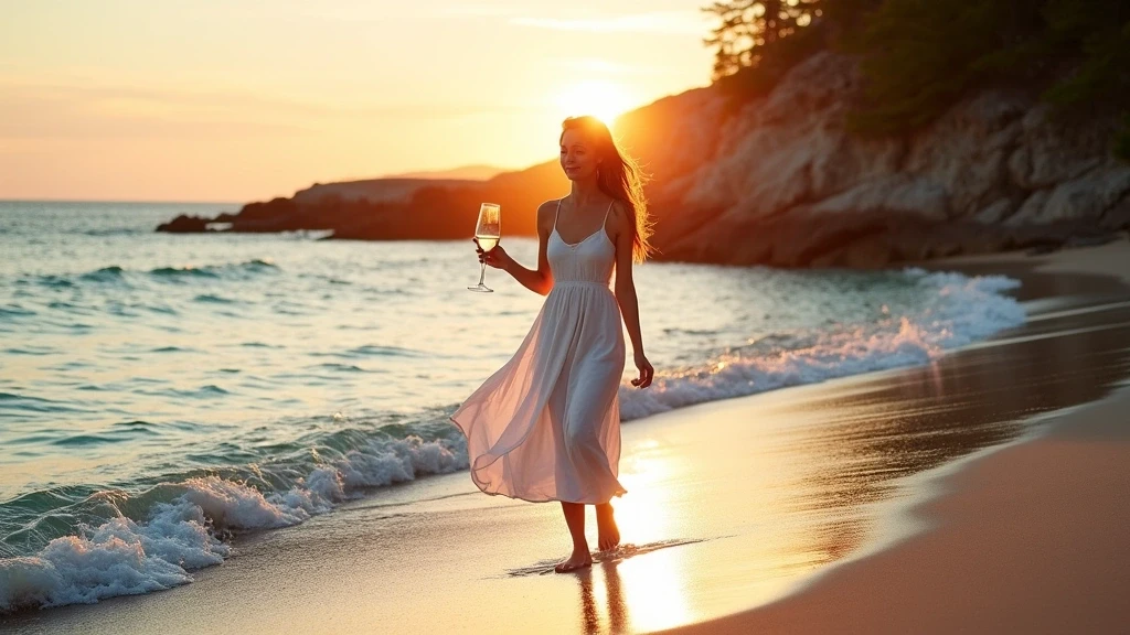 Elegante Frau im weissen Leinenkleid am Sonnenuntergang im Bruce Peninsula Nationalpark mit lokalem Wein