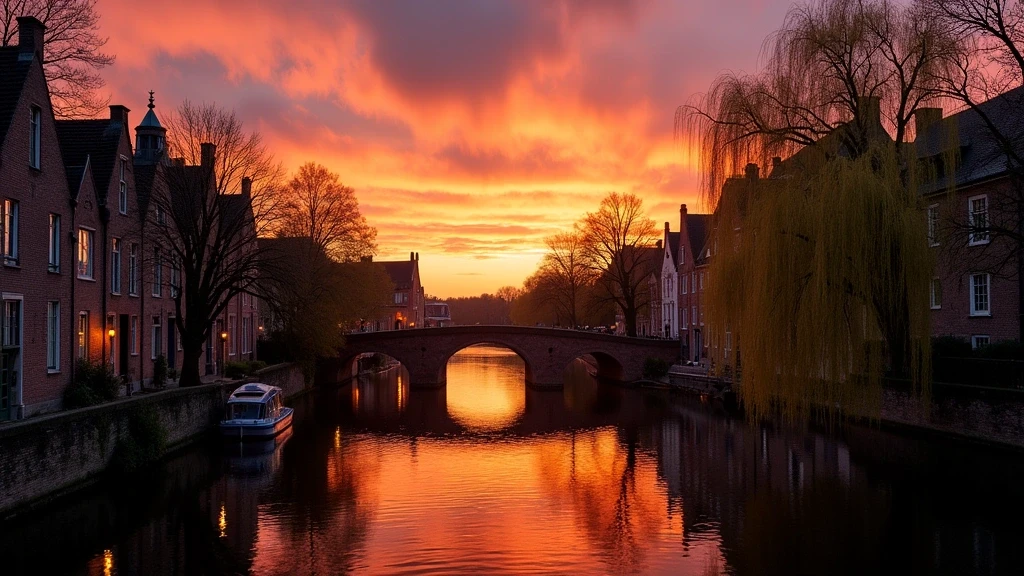 Sonnenuntergang über die Kanaele von Brügge mit historischen Gebaeuden und Bruecken