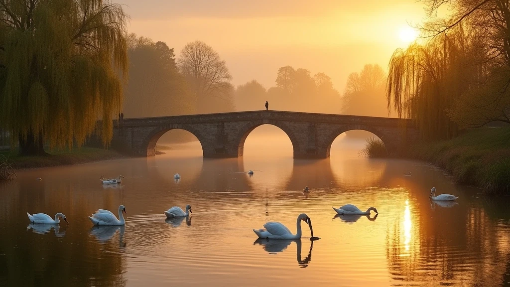 Panorama des Minnewater Sees in Brügge mit Schwänen und Weiden bei Sonnenuntergang