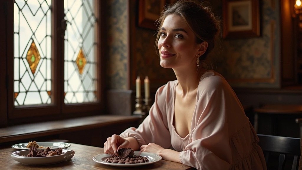 Elegante Frau geniesst belgische Schokolade in einem historischen Chocolatier in Brügge