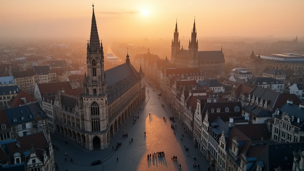 Luftaufnahme des Grand Place in Brüssel zur goldenen Stunde mit gotischen und barocken Gildenhaeusern