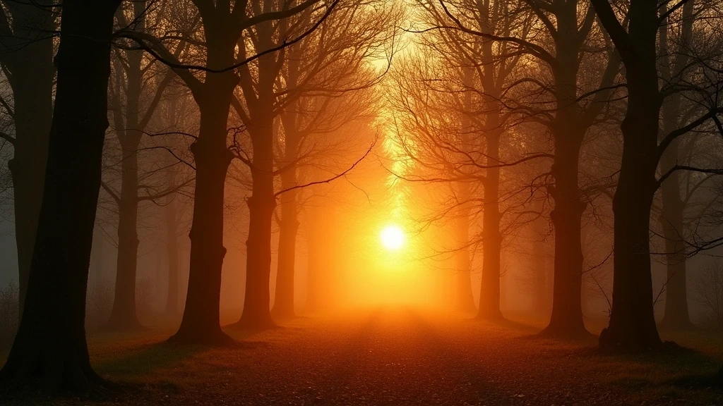 Sonnenuntergang ueber dem Sonienwald in Brüssel mit goldenem Licht durch Buchenkronen