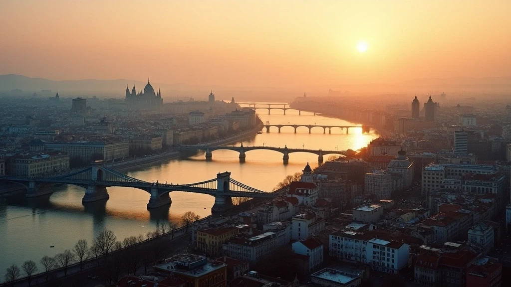 Luftaufnahme von Budapest zur goldenen Stunde mit Donau, Kettenbruecke und Parlament