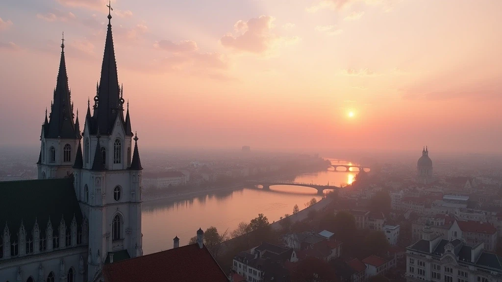Panoramablick vom Fischerbastei in Budapest bei Sonnenaufgang mit Matthias-Kirche