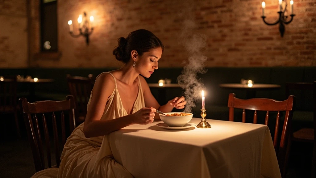 Elegante Frau geniesst ungarisches Gulasch in einem Budapester Ruinenbar bei Kerzenlicht