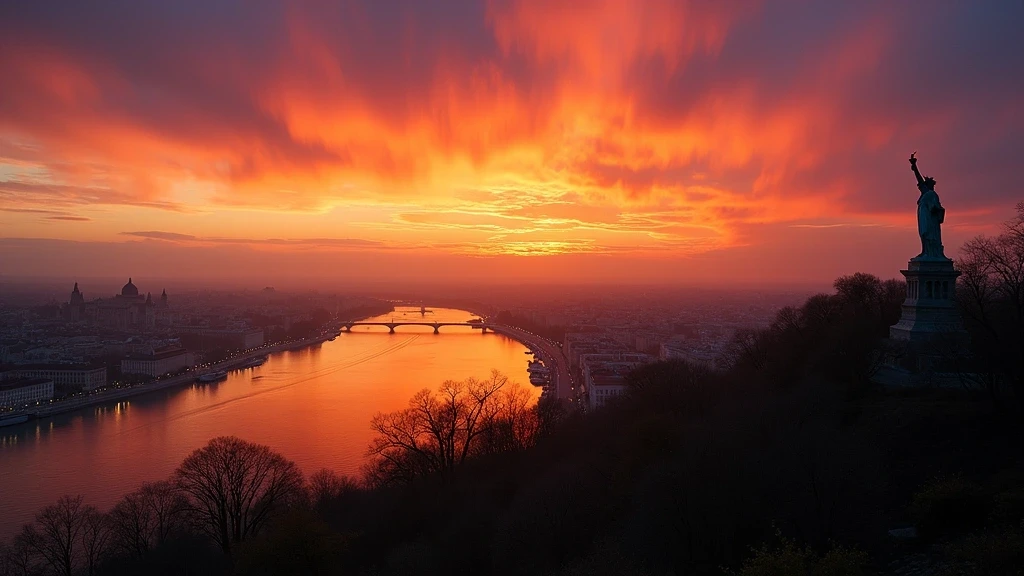 Sonnenuntergang ueber der Donau in Budapest vom Gellert-Berg aus gesehen