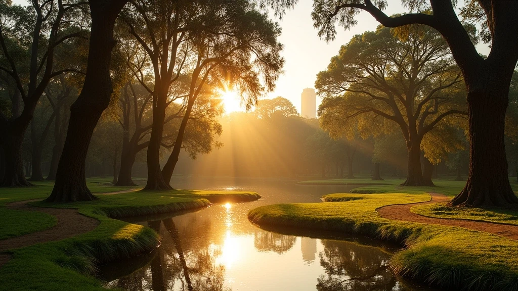 Goldene Stunde im Bosques de Palermo in Buenos Aires mit Seen und alten Baeumen