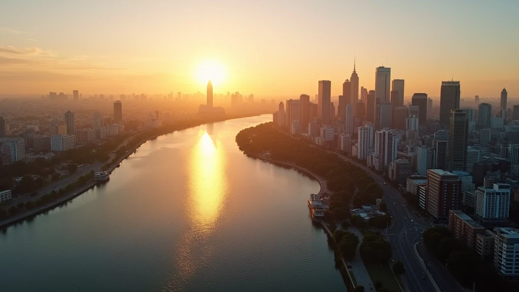 Luftaufnahme von Buenos Aires am Rio de la Plata zur goldenen Stunde mit Skyline und Obelisk