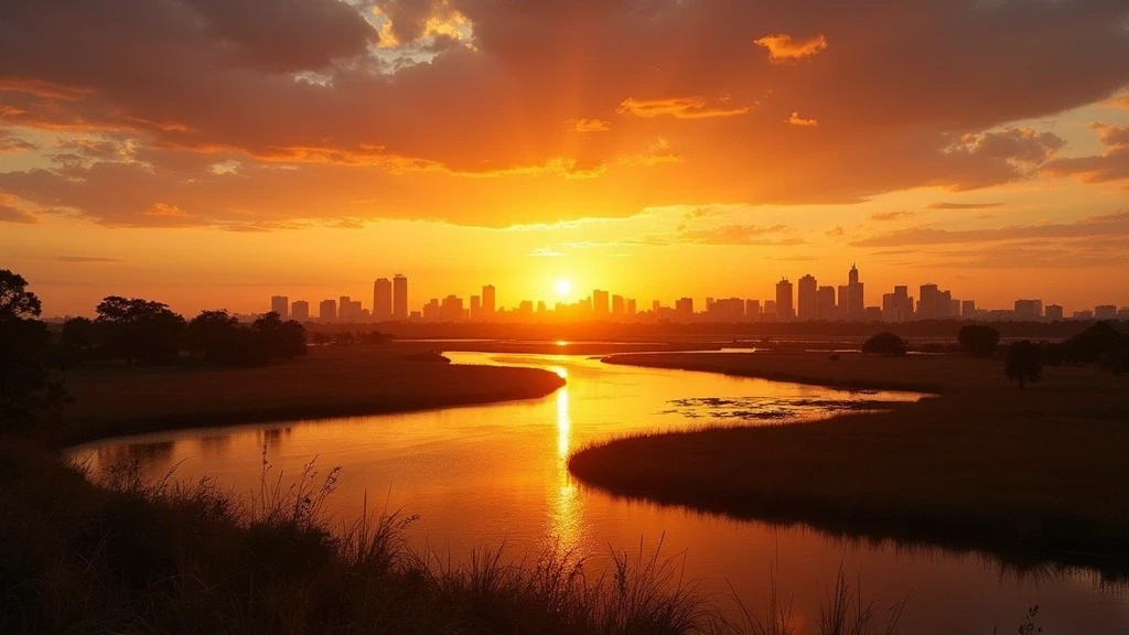 Sonnenuntergang im Reservat Costanera Sur in Buenos Aires mit Skyline-Silhouette