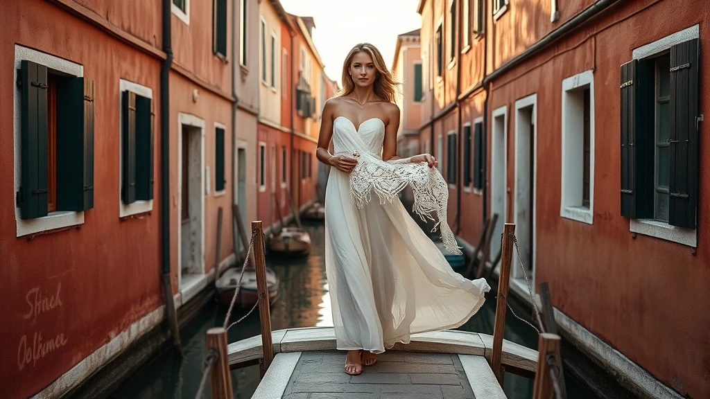 Elegante Frau auf Brücke in Burano mit traditioneller Spitze zur goldenen Stunde