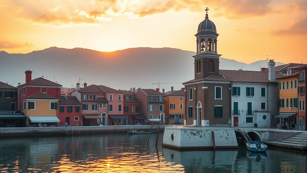 Goldene Stunde am schiefen Glockenturm von San Martino in Burano mit bunter Hauskulisse