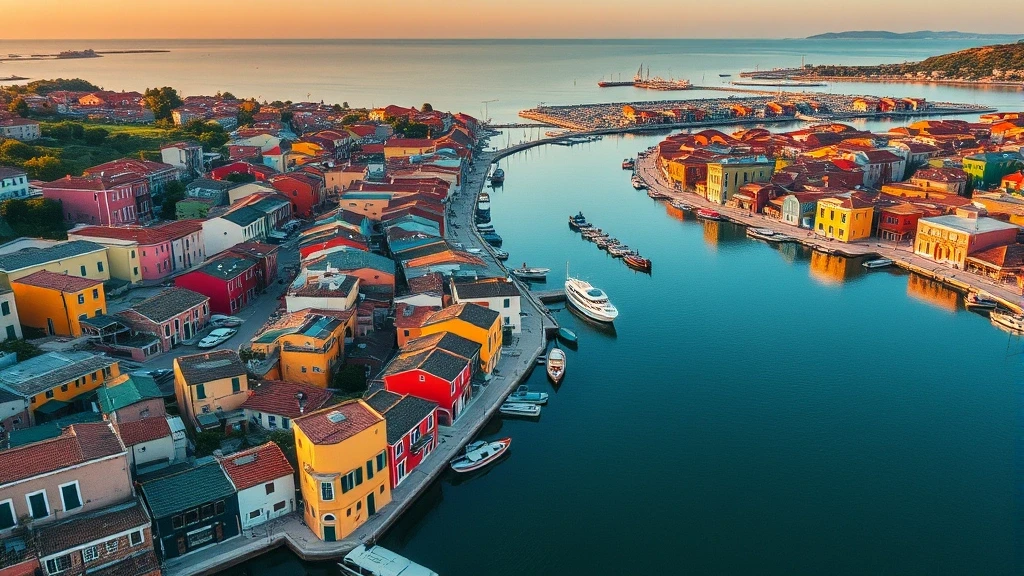 Luftaufnahme der bunten Fischerhaeuser von Burano in der Lagune von Venedig zur goldenen Stunde