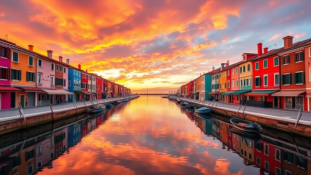Panorama-Ansicht der bunten Kanäle von Burano mit Spiegelungen bei Sonnenuntergang
