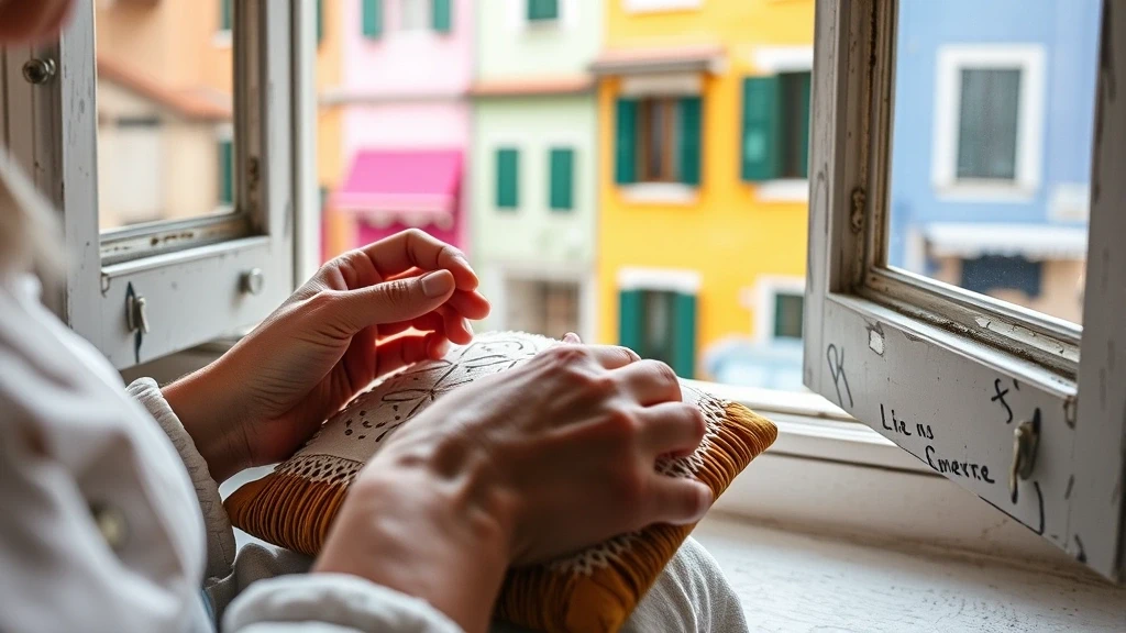 Nahaufnahme traditioneller Burano-Spitzenherstellung mit bunten Hausfassaden im Hintergrund