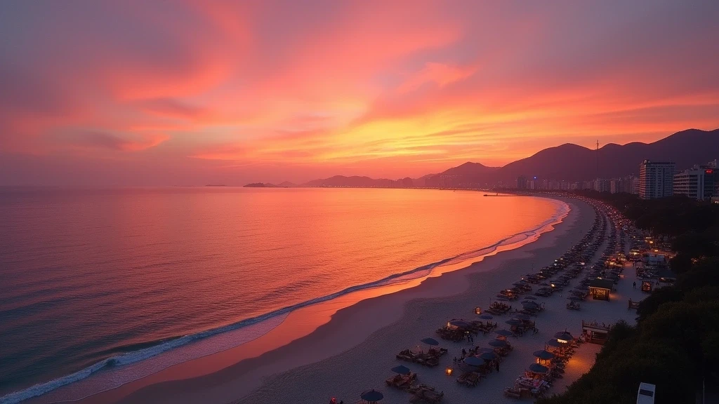Panorama-Blick auf den Haeundae-Strand in Busan bei Sonnenuntergang über dem Ostmeer in Südkorea