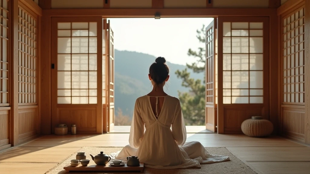 Elegante Frau bei traditioneller koreanischer Teezeremonie in einem Hanok-Teehaus in Busan, Südkorea
